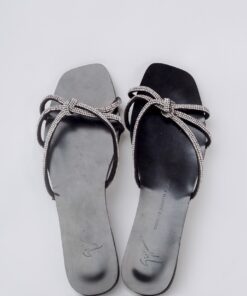 square toe women black cross rhinestone non-slip rubber fashion sandals with knot 7