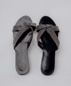 square toe women black cross rhinestone non-slip rubber fashion sandals with knot4
