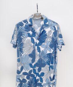 casual short sleeve blue leaves motif printed men shirt for sale