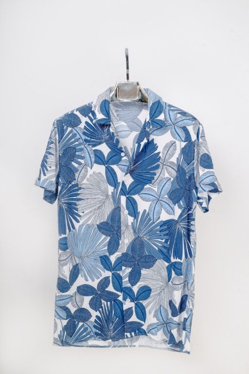 casual short sleeve blue leaves motif printed men shirt for sale