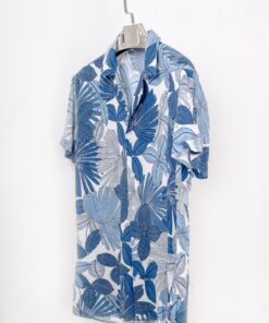 casual short sleeve blue leaves motif printed men shirt for sale