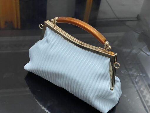 Vintage pleated stripped luxury designer metal handle clip-on purse blue